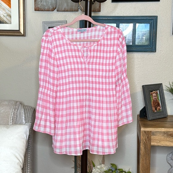 Floral & Ivy | pink & White Gingham Pleated Babydoll Tunic Size M Medium - Picture 2 of 11